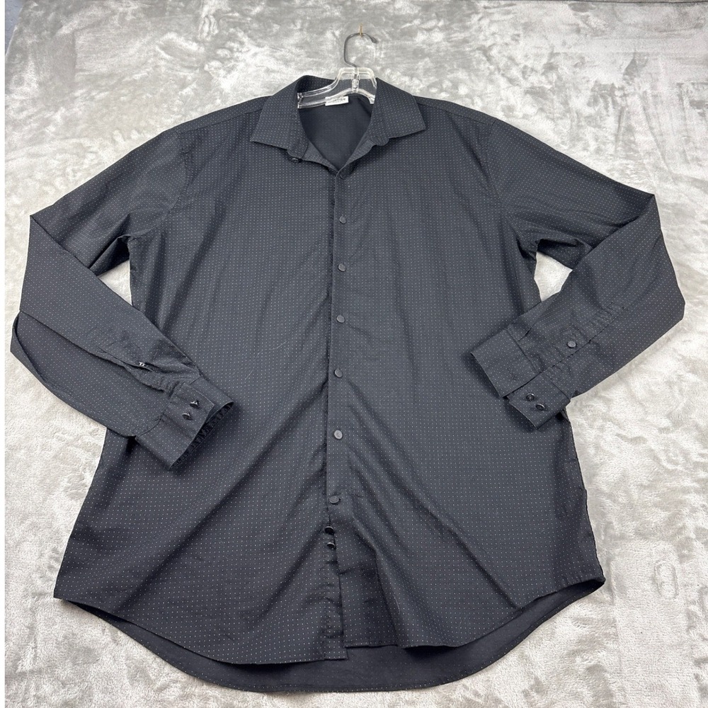Kenneth Cole Reaction Mens Slim Fit Button Down Shirt Black Micro Dot XL 17